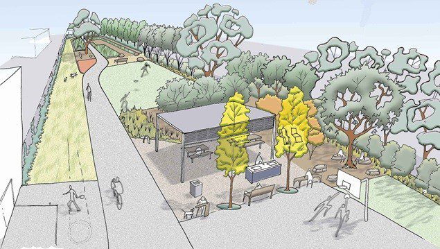 A planning image of the now finished Green Spine Linear Park that brings the community together