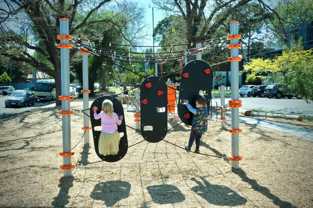 2 kids hang off the innovative a_space explorer nets at Crichton Reserve