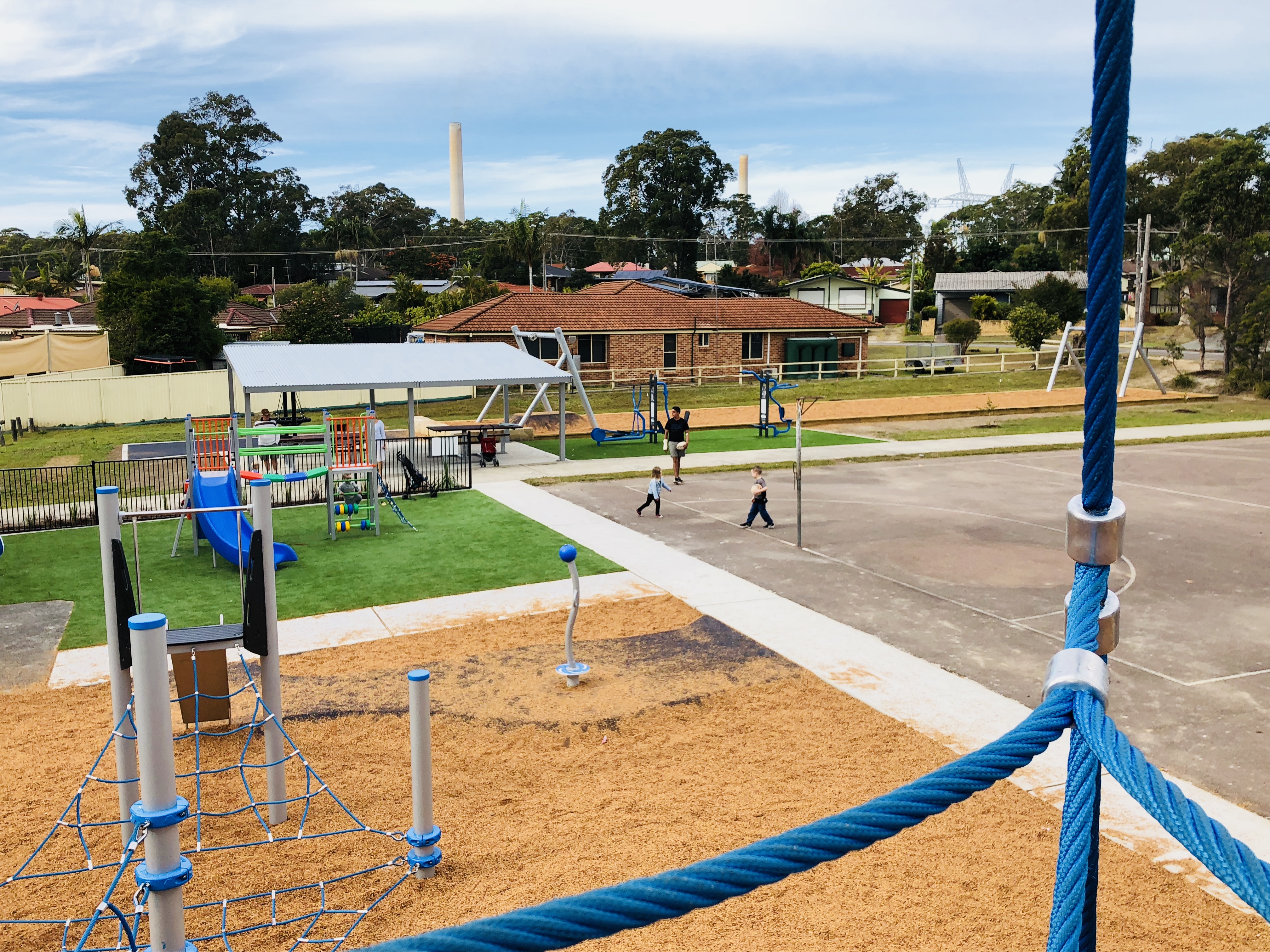 The view from the top of the a_space 6 metre activity net at Mannering Park Playspace