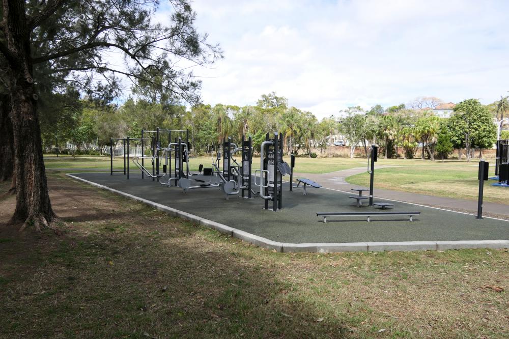 A picture of the completed installation of fitness equipment at Perrin Park