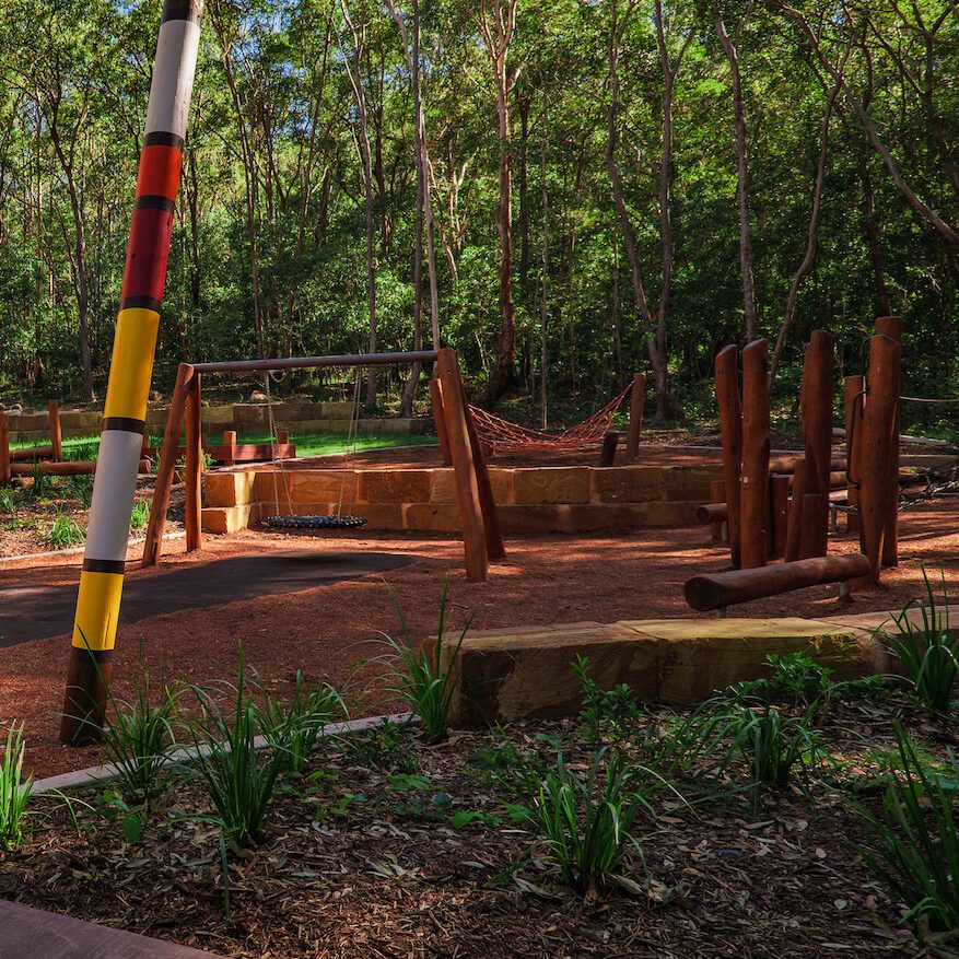 a wideshot of a wooden playground